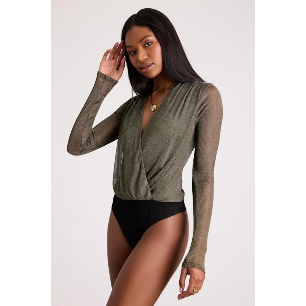 NWT Lulus Kenni Dark Bronze Lurex Sheer Surplice Bodysuit L - Picture 4 of 4